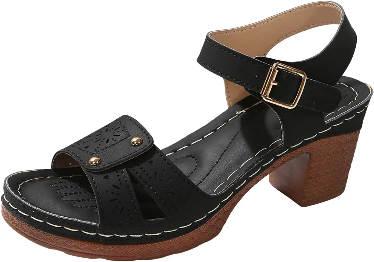 ZSpzx Women's Chunky Block Mid Heels Sandals Low Open Toe Ankle Strap Classic Platform Heel Summer Wedding Party Dress Straps Hollow Out Comfortable Sandal Adjustable Walking Shoes for Daily Wear