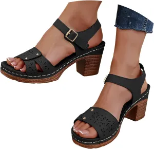 ZSpzx Women's Chunky Block Mid Heels Sandals Low Open Toe Ankle Strap Classic Platform Heel Summer Wedding Party Dress Straps Hollow Out Comfortable Sandal Adjustable Walking Shoes for Daily Wear