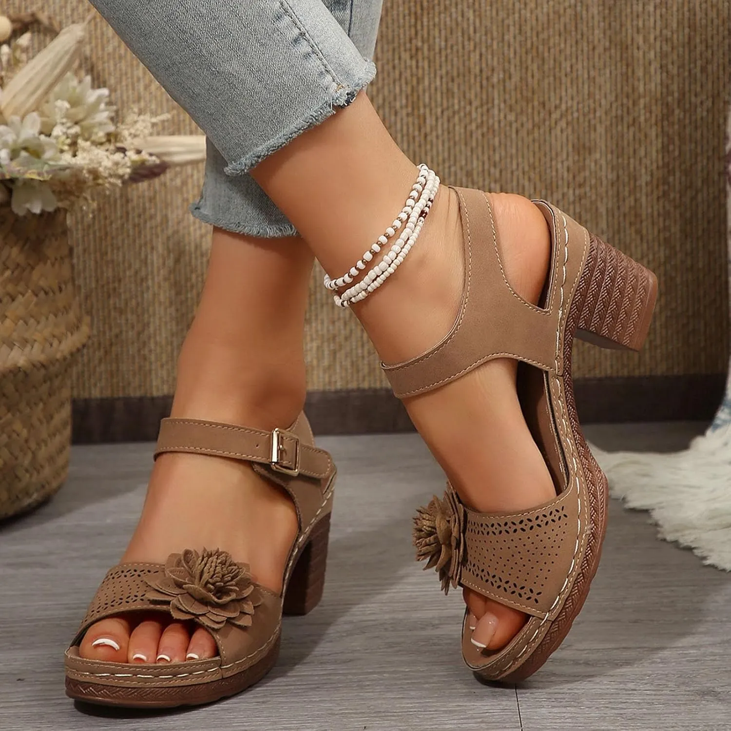 ZSpzx Women's Chunky Block Mid Heels Sandals Platform Open Toe Ankle Strap Low Heel Summer Wedding Party Dress Fish Mouth Straps Hollow Out Flowers Comfortable Sandal Adjustable Walking Shoes