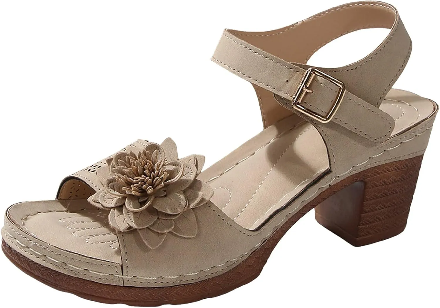 ZSpzx Women's Chunky Block Mid Heels Sandals Platform Open Toe Ankle Strap Low Heel Summer Wedding Party Dress Fish Mouth Straps Hollow Out Flowers Comfortable Sandal Adjustable Walking Shoes