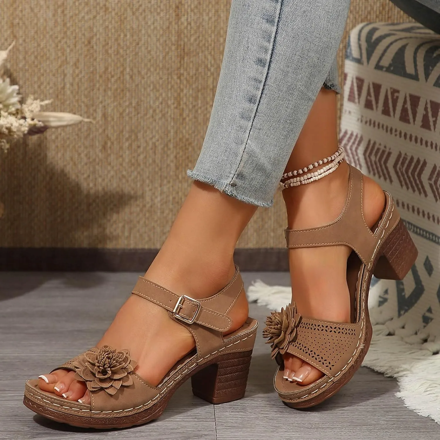 ZSpzx Women's Chunky Block Mid Heels Sandals Platform Open Toe Ankle Strap Low Heel Summer Wedding Party Dress Fish Mouth Straps Hollow Out Flowers Comfortable Sandal Adjustable Walking Shoes