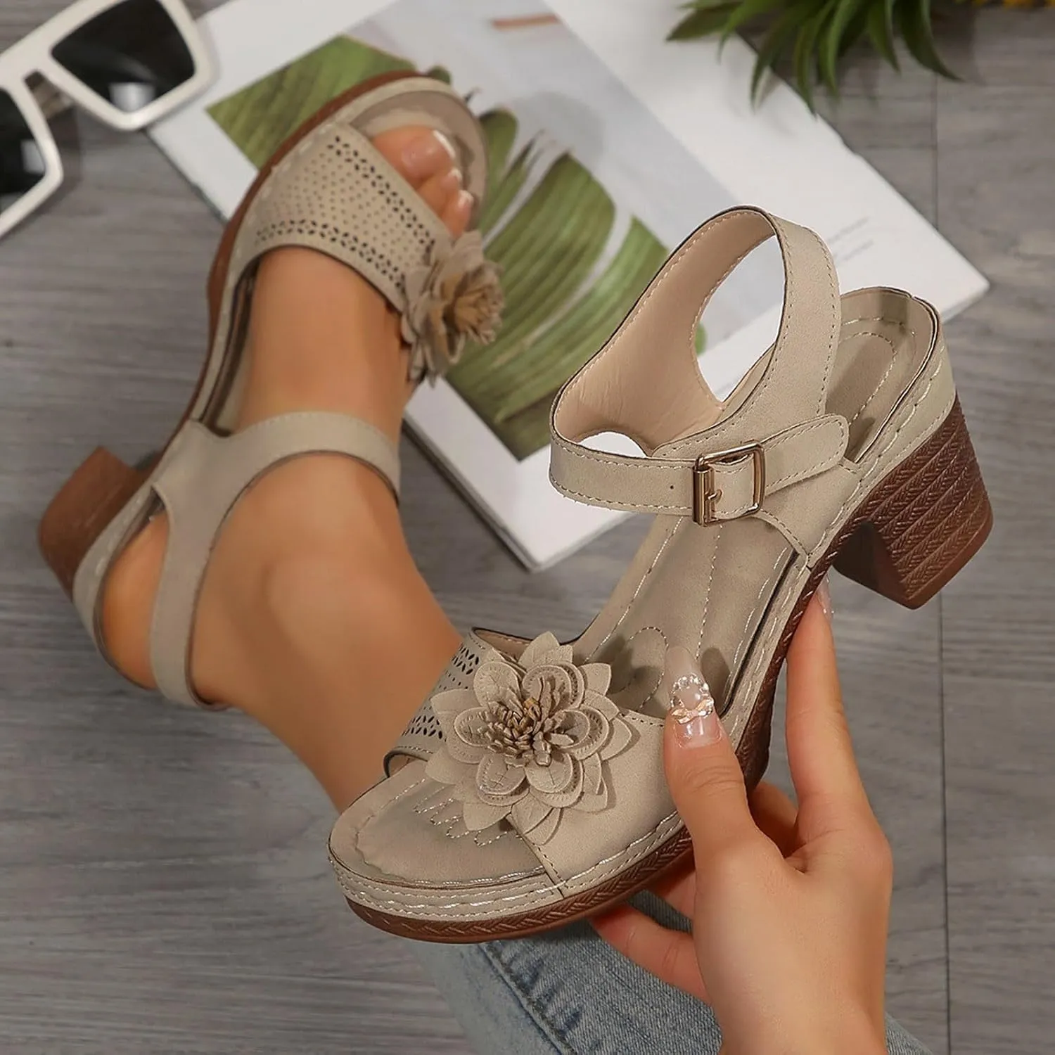 ZSpzx Women's Chunky Block Mid Heels Sandals Platform Open Toe Ankle Strap Low Heel Summer Wedding Party Dress Fish Mouth Straps Hollow Out Flowers Comfortable Sandal Adjustable Walking Shoes