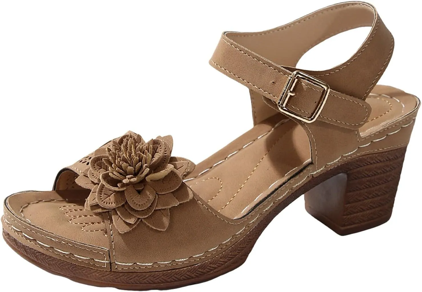 ZSpzx Women's Chunky Block Mid Heels Sandals Platform Open Toe Ankle Strap Low Heel Summer Wedding Party Dress Fish Mouth Straps Hollow Out Flowers Comfortable Sandal Adjustable Walking Shoes
