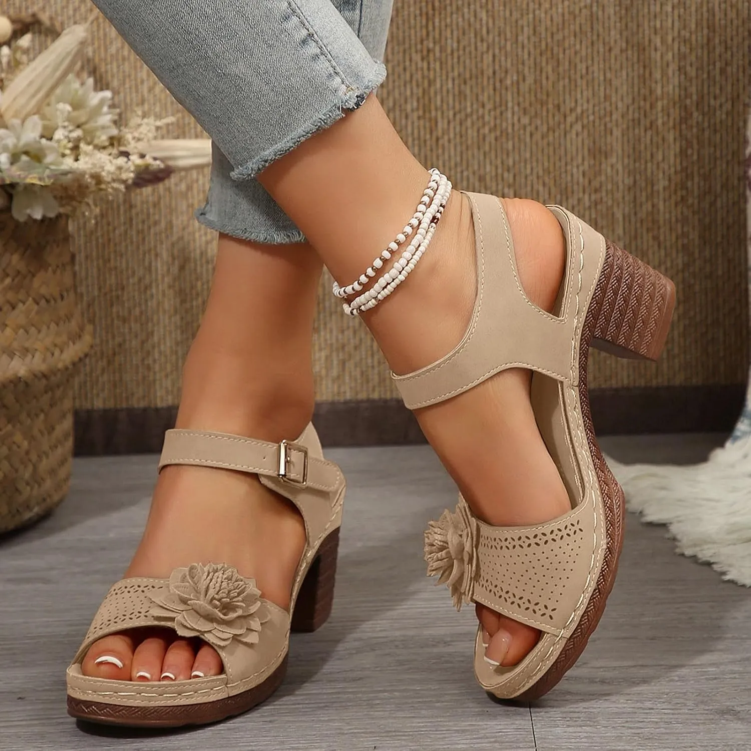 ZSpzx Women's Chunky Block Mid Heels Sandals Platform Open Toe Ankle Strap Low Heel Summer Wedding Party Dress Fish Mouth Straps Hollow Out Flowers Comfortable Sandal Adjustable Walking Shoes