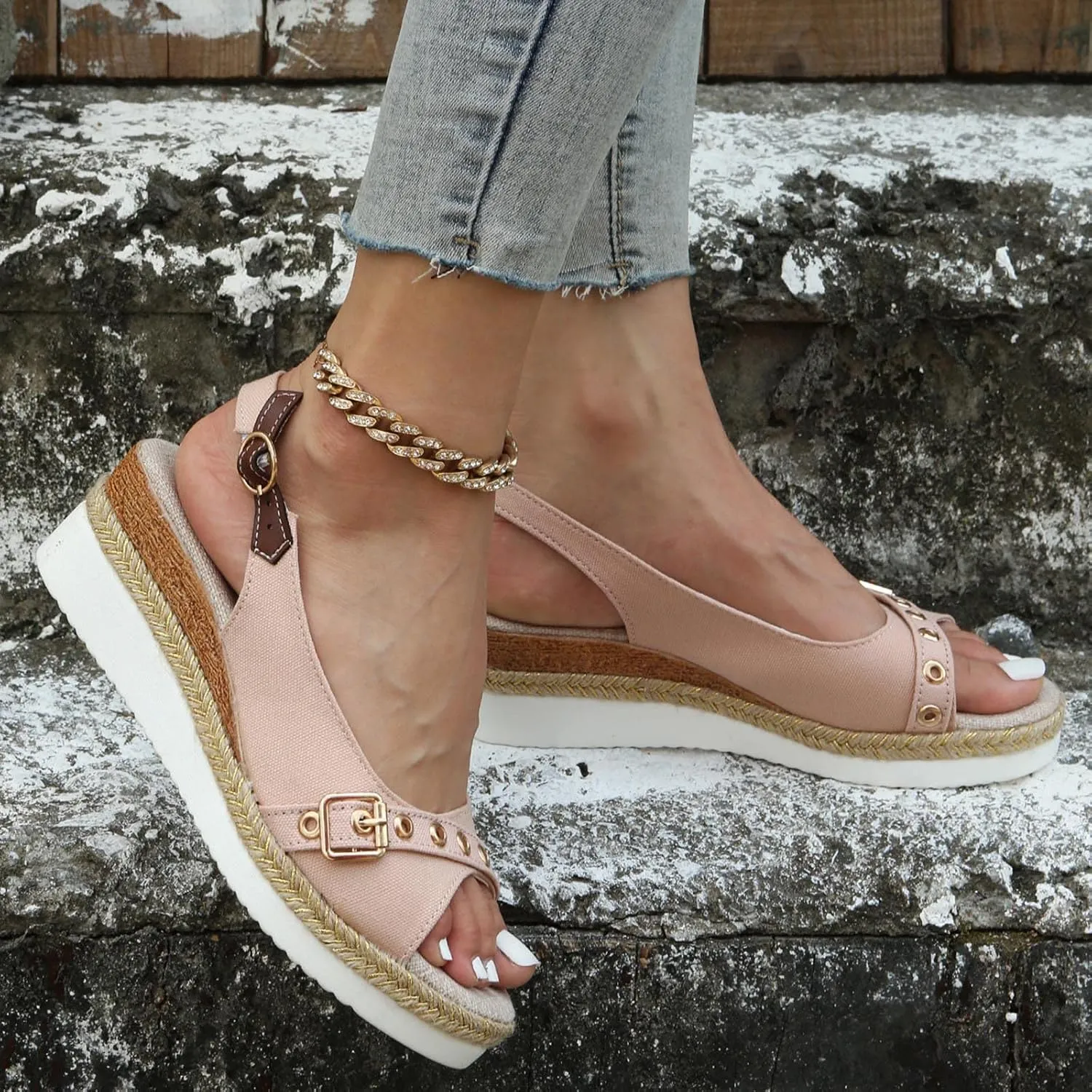 ZSpzx Women's Orthopedic Arch Support Sandals Comfortable Platform Espadrille Wedge for Women Casual Strappy Low Wedges Dressy Summer Beach Fish Mouth Slingback Ankle Strap Outdoor Walking Shoes