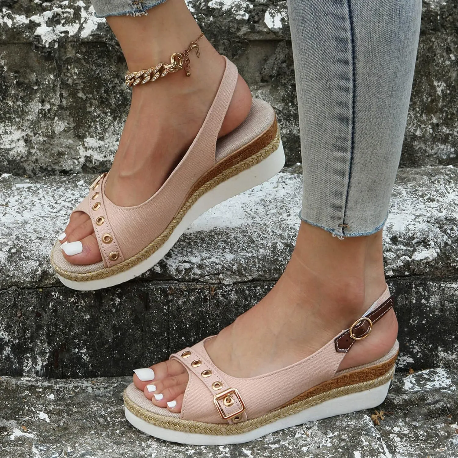 ZSpzx Women's Orthopedic Arch Support Sandals Comfortable Platform Espadrille Wedge for Women Casual Strappy Low Wedges Dressy Summer Beach Fish Mouth Slingback Ankle Strap Outdoor Walking Shoes