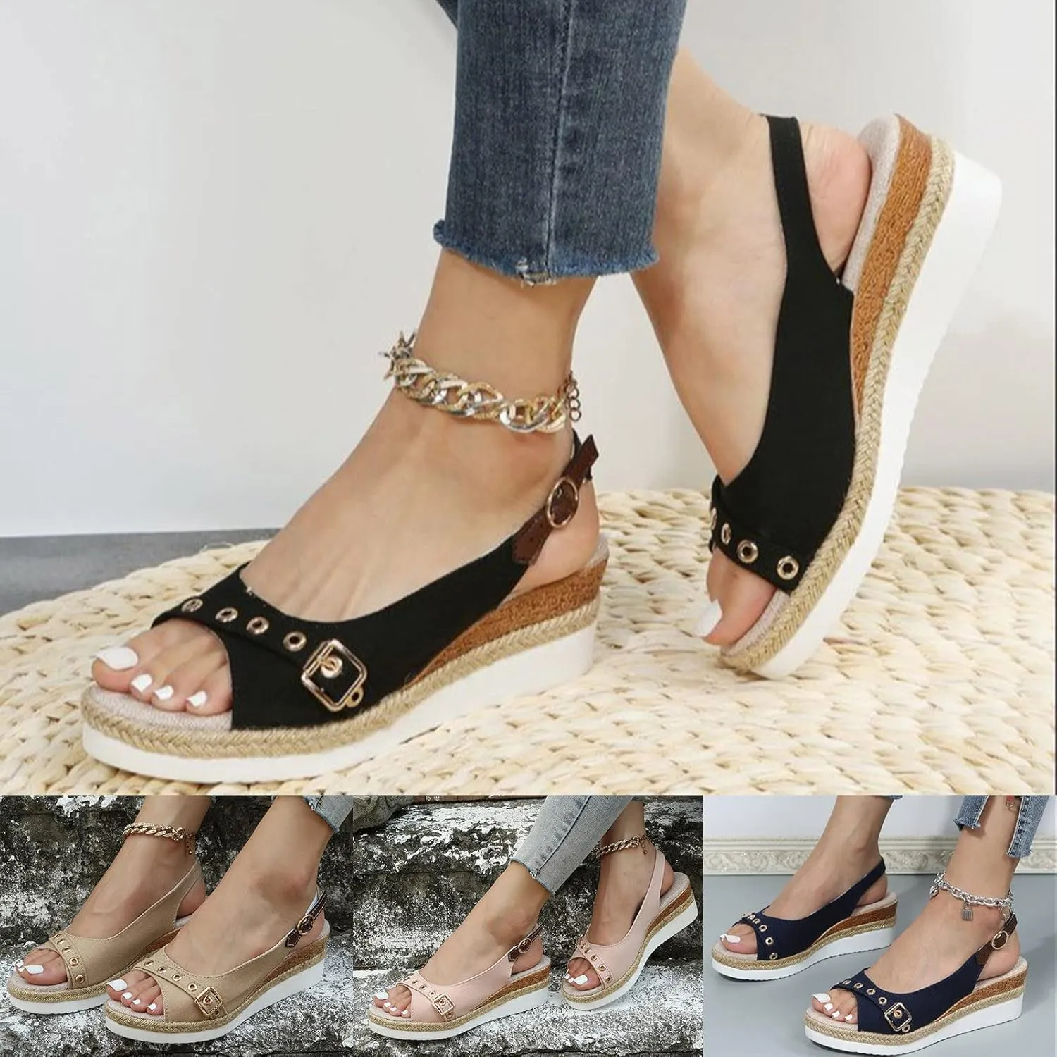 ZSpzx Women's Orthopedic Arch Support Sandals Comfortable Platform Espadrille Wedge for Women Casual Strappy Low Wedges Dressy Summer Beach Fish Mouth Slingback Ankle Strap Outdoor Walking Shoes