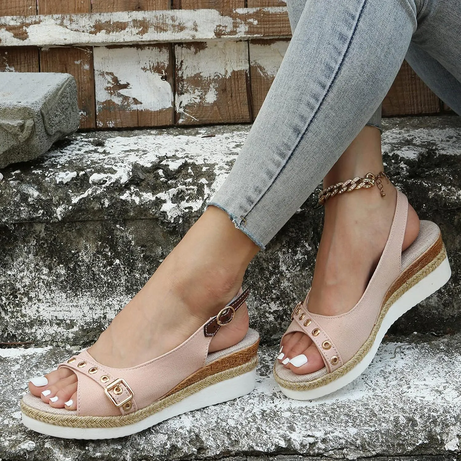 ZSpzx Women's Orthopedic Arch Support Sandals Comfortable Platform Espadrille Wedge for Women Casual Strappy Low Wedges Dressy Summer Beach Fish Mouth Slingback Ankle Strap Outdoor Walking Shoes