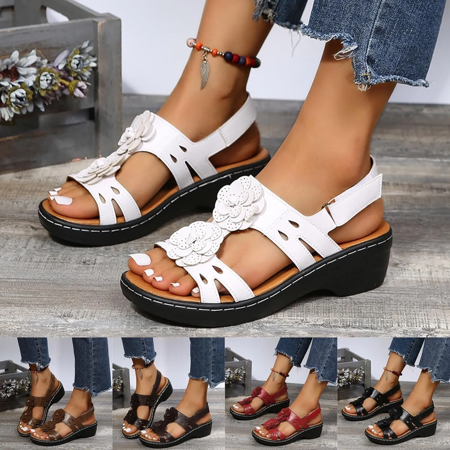 ZSpzx Women's Orthopedic Sandals with Arch Support Mid Heels Ankle Straps Open Toe Hollow Out Comfortable Flowers Sandal Dressy Summer Womens Wedge Walking Wedges Low Heel Shoes