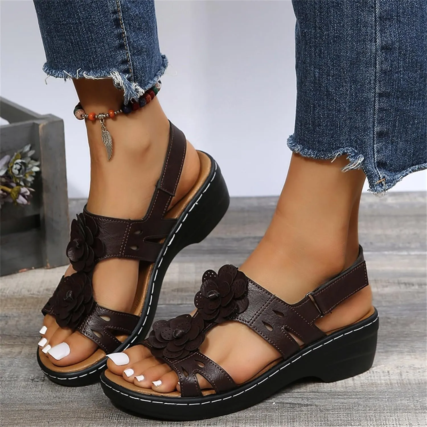 ZSpzx Women's Orthopedic Sandals with Arch Support Mid Heels Ankle Straps Open Toe Hollow Out Comfortable Flowers Sandal Dressy Summer Womens Wedge Walking Wedges Low Heel Shoes