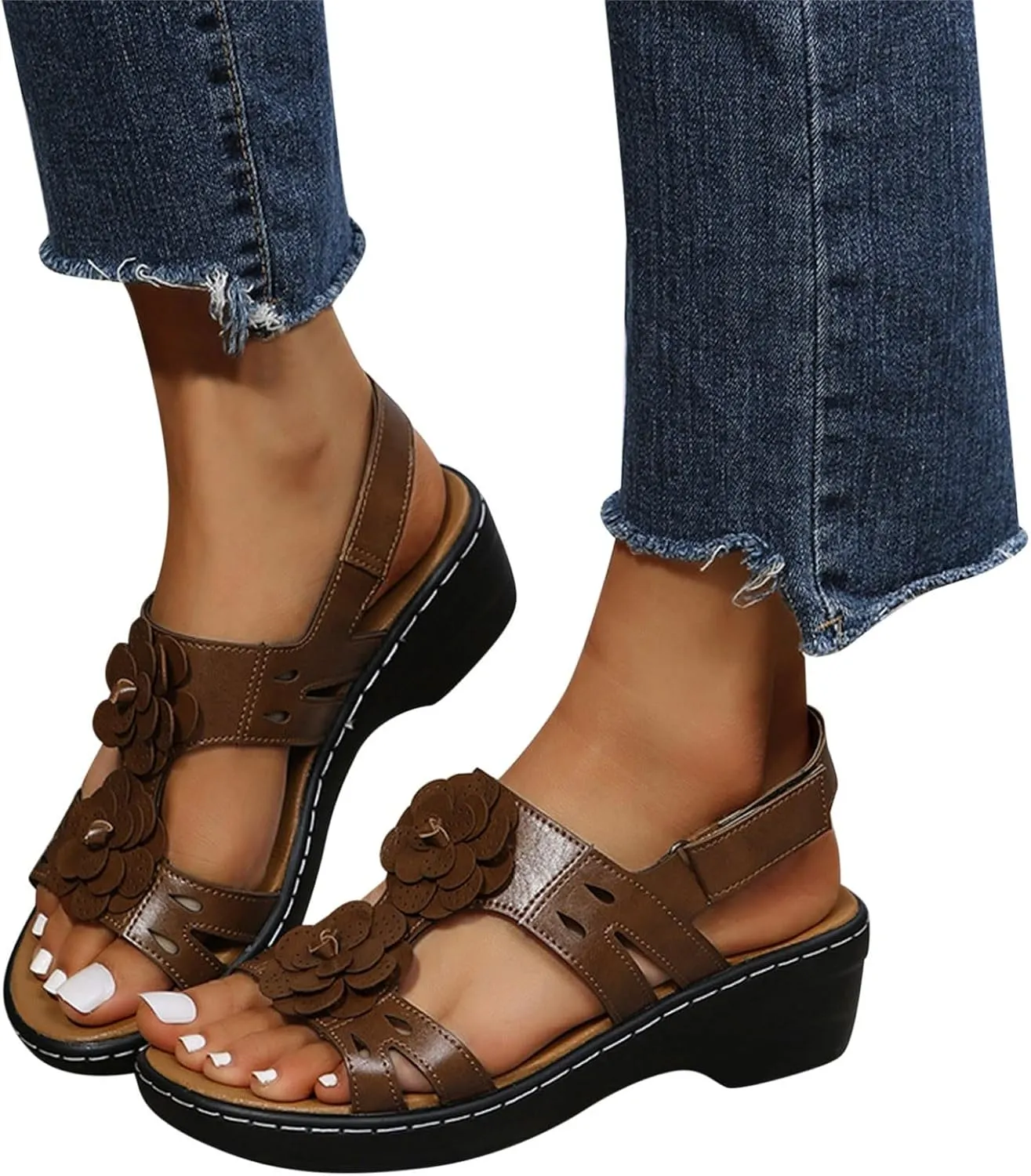 ZSpzx Women's Orthopedic Sandals with Arch Support Mid Heels Ankle Straps Open Toe Hollow Out Comfortable Flowers Sandal Dressy Summer Womens Wedge Walking Wedges Low Heel Shoes