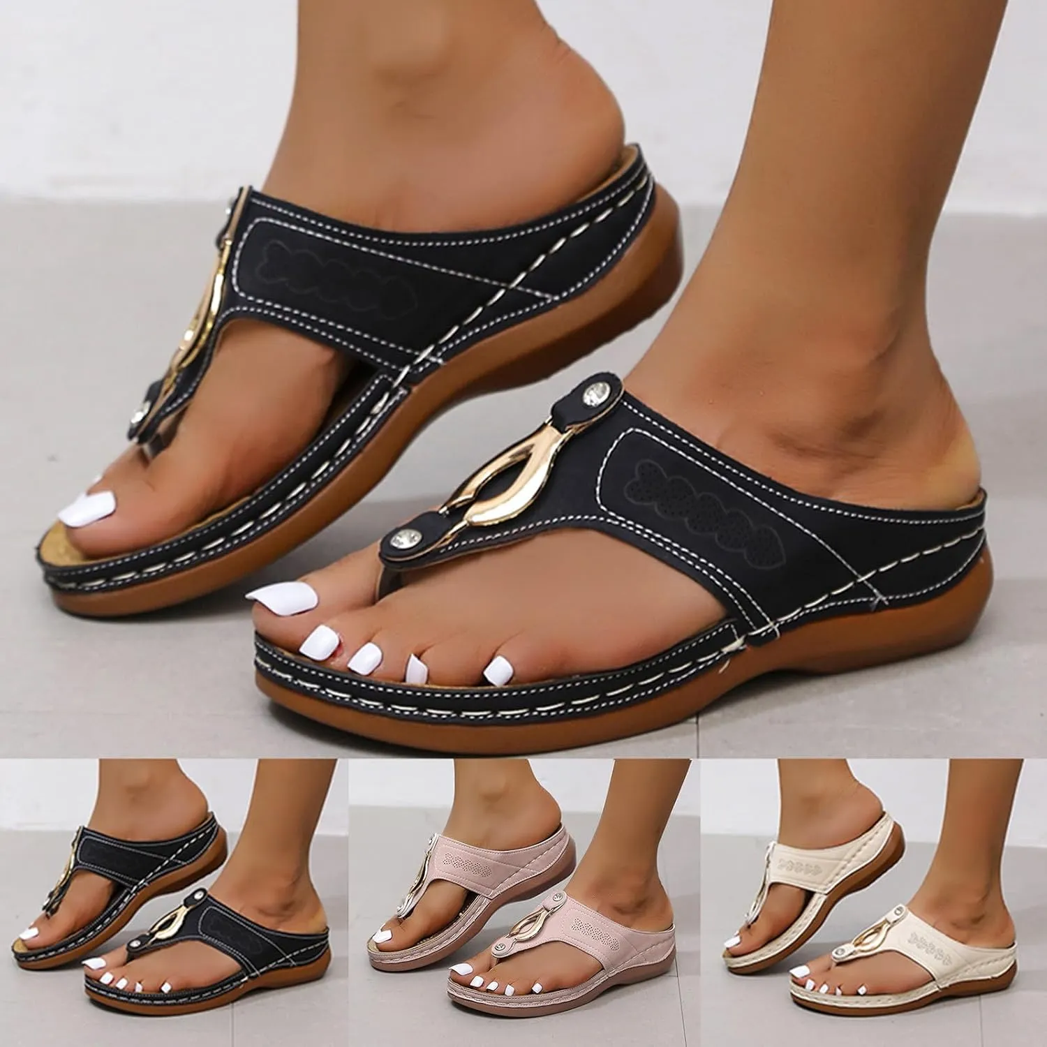 ZSpzx Women's Orthotic Cushion Flip Flops Recovery Walking Sandals for Women Comfortable Metal Plantar Fasciitis Bunion Casual Womens Non Slip-on Outdoor Slides Wedge Slide Dressy Summer Beach Shoes